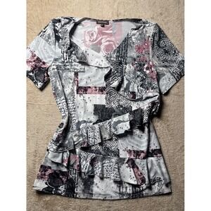 Y2K Emotions Womens Grey Pink Floral  Ruffle Top Size P/S Whimsigoth Grunge